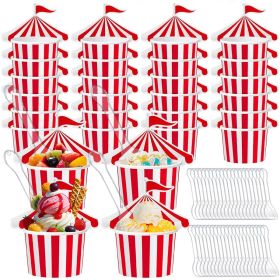 124 PCS Carnival Party Ice Cream Box Set 24 Red White Stripes Paper Cups 100 Transparent Plastic Spoons Disposable Ice Cream Bowls for Sundae Yog